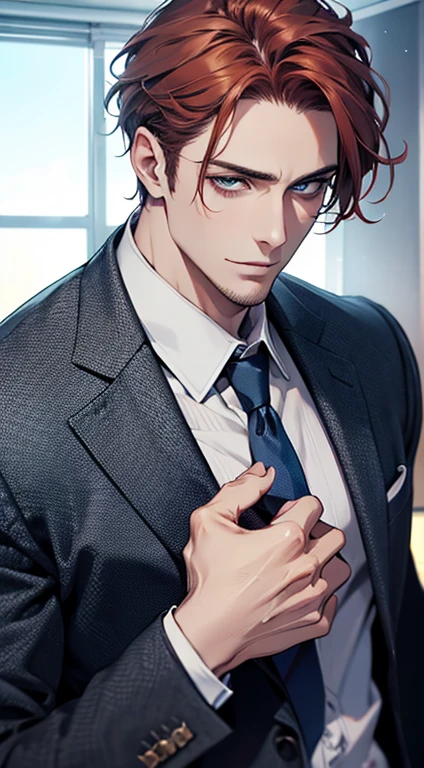 (best quality,4k,8k,highres,masterpiece:1.2),ultra-detailed,(realistic,photorealistic,photo-realistic:1.37),1 man,31 years old,mature man,very handsome,without expression,smile,short grey red hair,blue eyes,penetrating gaze,perfect face without errors,imposing posture,businessman,office background,cinematic lighting,hdr image