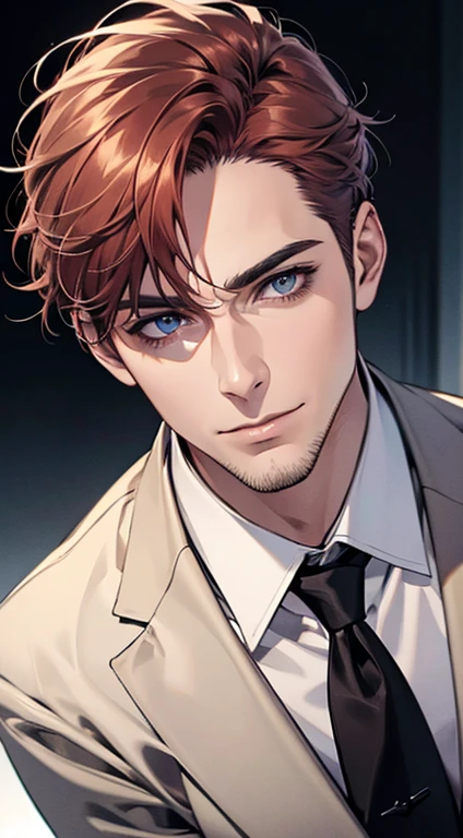 (best quality,4k,8k,highres,masterpiece:1.2),ultra-detailed,(realistic,photorealistic,photo-realistic:1.37),1 man,31 years old,mature man,very handsome,without expression,smile,short grey red hair,blue eyes,penetrating gaze,perfect face without errors,imposing posture,businessman,office background,cinematic lighting,hdr image
