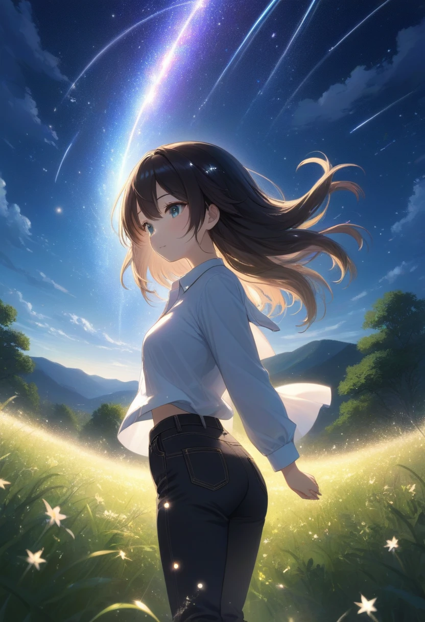 score_7_up,score_8_up,score_9,source anime,surper detail,1girl,white shirt,black denim pants,In a nighttime meadow, shooting stars continuously streak across the sky, creating a light show. The entire meadow is bathed in starlight, spreading breathtaking beauty. A moment of being captivated by the miracles of nature.