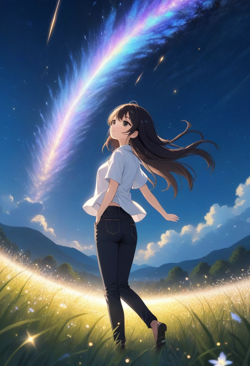 score_7_up,score_8_up,score_9,source anime,surper detail,1girl,white shirt,black denim pants,In a nighttime meadow, shooting stars continuously streak across the sky, creating a light show. The entire meadow is bathed in starlight, spreading breathtaking beauty. A moment of being captivated by the miracles of nature.