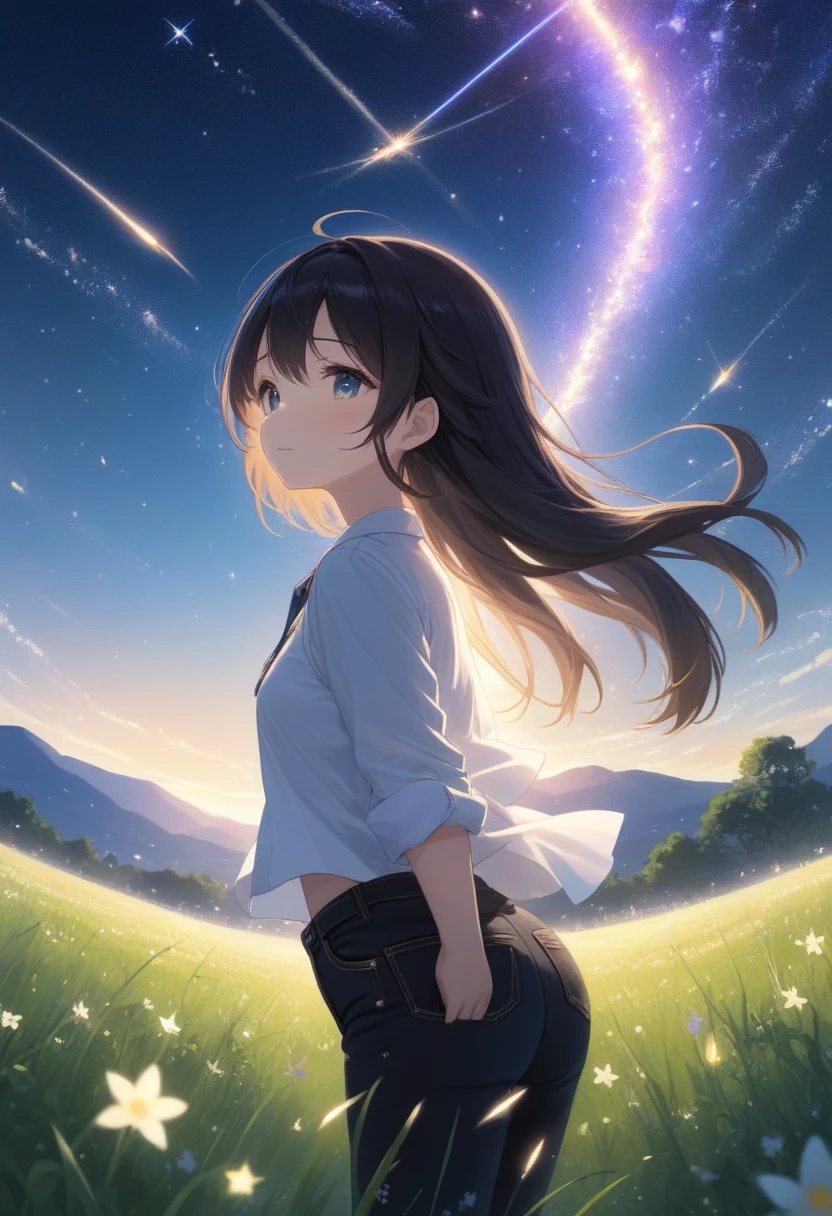 score_7_up,score_8_up,score_9,source anime,surper detail,1girl,white shirt,black denim pants,In a nighttime meadow, shooting stars continuously streak across the sky, creating a light show. The entire meadow is bathed in starlight, spreading breathtaking beauty. A moment of being captivated by the miracles of nature.