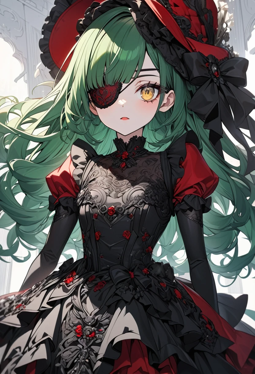 anime, girl, green hair, ear-length hair, yellow eyes, an elegant black eyepatch, ultra detailed, red hat with black, elegant, porcelain doll dress, red and black color, ultra detailed, arrogant expression,