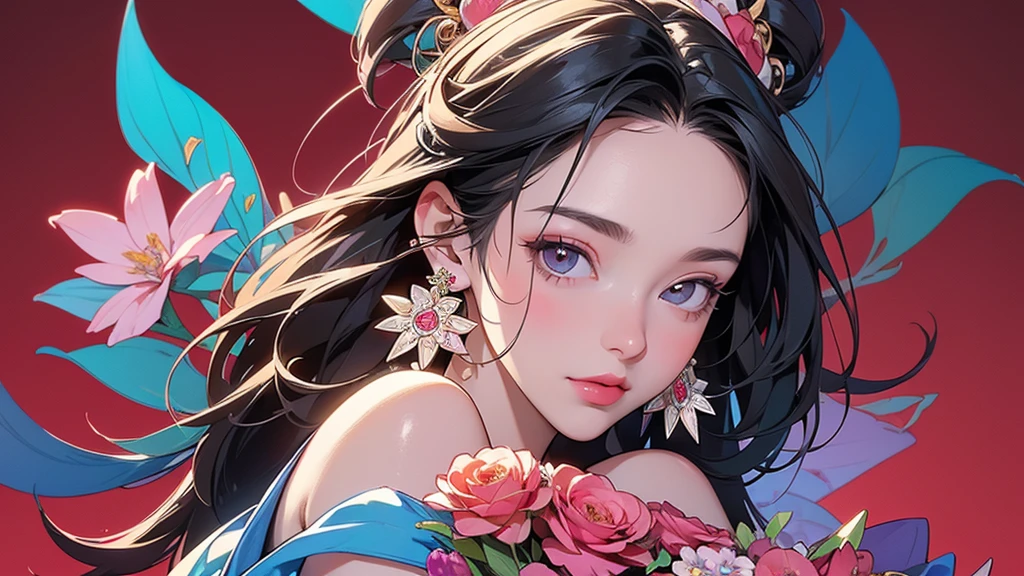 32K, 最高quality, 最高masterpiece, (ultra-Detailed Background, Detailed Background), High resolution, Super detailed, Very detailedな, One girl, (bouquet:1.3), (Tangled:1.2), (Geometric:1.2),(colorful),(masterpiece, quality, best quality, Official Art, Beautiful and beautiful:1.2), (1 girl:1.3), Very detailed,(colorful:1.1)(Flowers:1.3),Most detailed,(Tangled:1.2), whole body, (Abstract background:1.3), (Skin glows), (Many colors:1.4), ,(Earrings Jewelry:1.5), Pale Red Background,