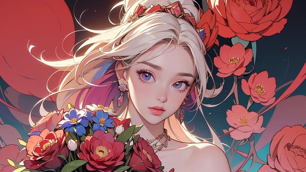 32K, 最高quality, 最高masterpiece, (ultra-Detailed Background, Detailed Background), High resolution, Super detailed, Very detailedな, One girl, (bouquet:1.3), (Tangled:1.2), (Geometric:1.2),(colorful),(masterpiece, quality, best quality, Official Art, Beautiful and beautiful:1.2), (1 girl:1.3), Very detailed,(colorful:1.1)(Flowers:1.3),Most detailed,(Tangled:1.2), whole body, (Abstract background:1.3), (Skin glows), (Many colors:1.4), ,(Earrings Jewelry:1.5), Pale Red Background,