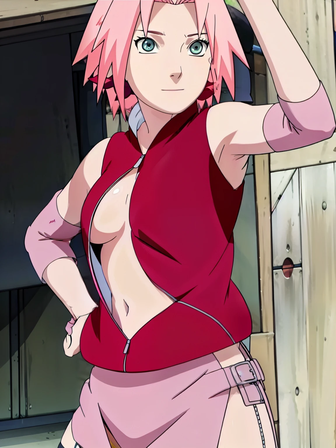 Sakura Haruno showing her belly with open zipper and open top showing her sexy breasts.