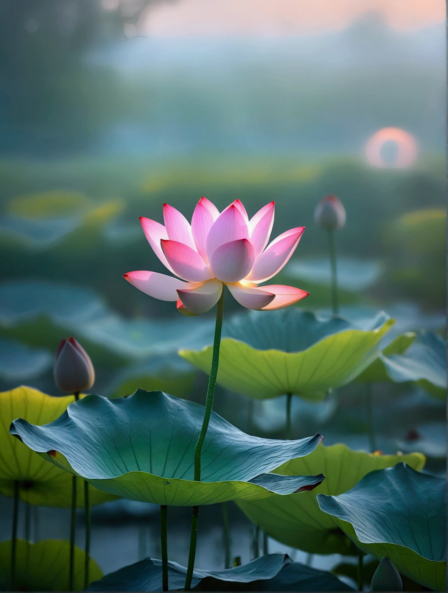 Very beautiful lotus,Background is sunset and fog,Background blur,Real photography,Fresh and natural picture,best quality, high resolution