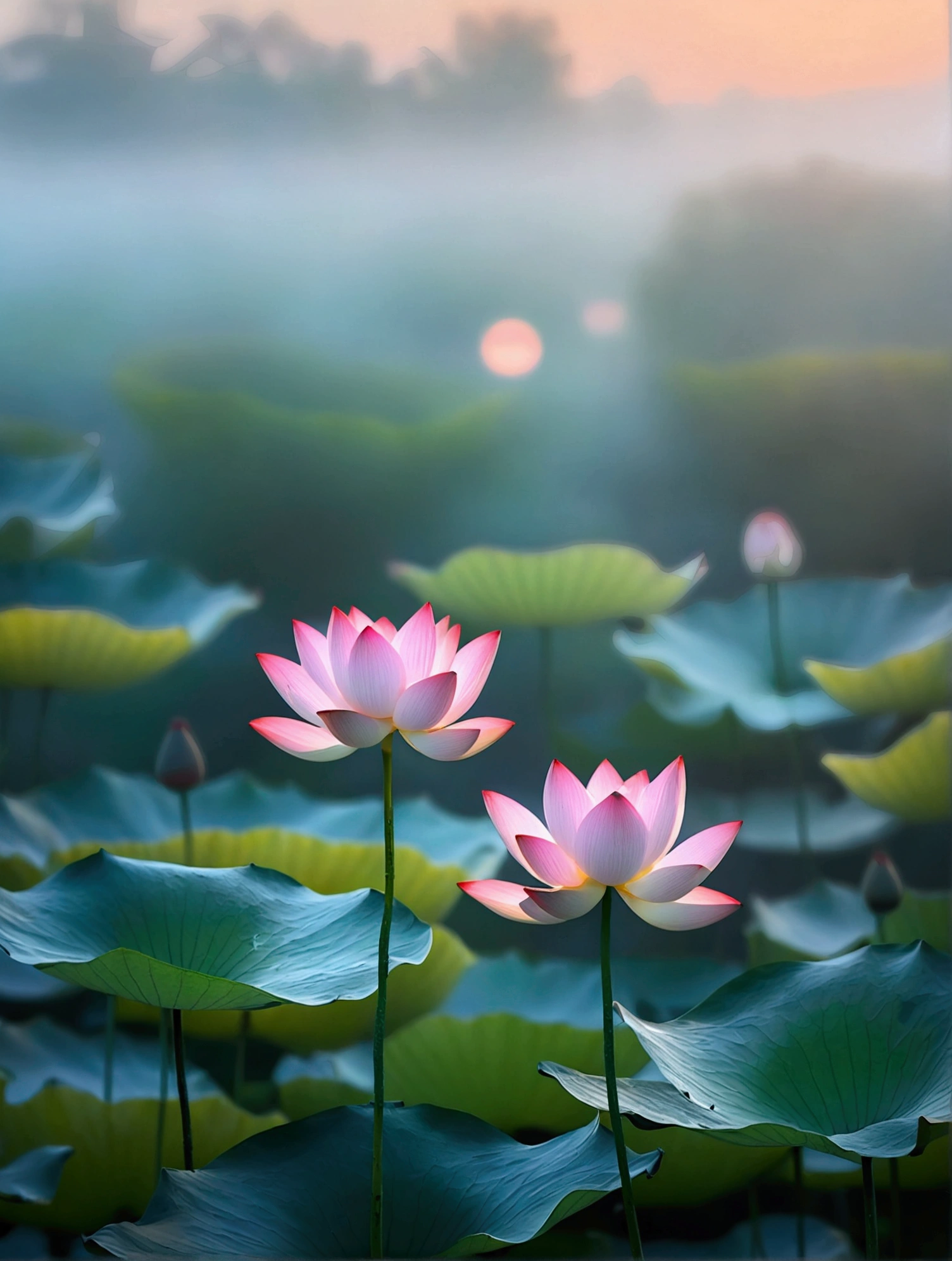 Very beautiful lotus,Background is sunset and fog,Background blur,Real photography,Fresh and natural picture,best quality, high resolution