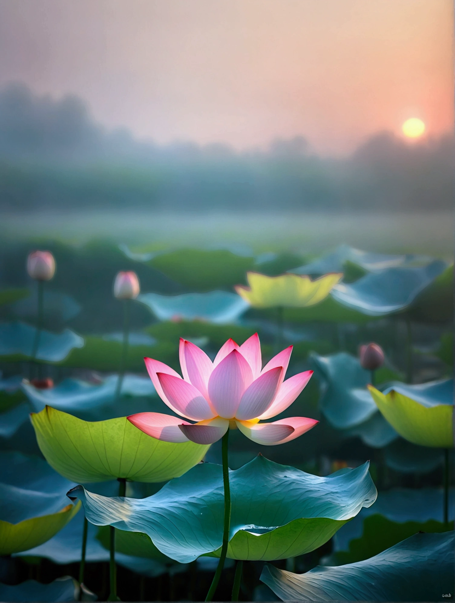 Very beautiful lotus，Background is sunset and fog，Background blur，Real photography,Fresh and natural picture，best quality, high resolution
