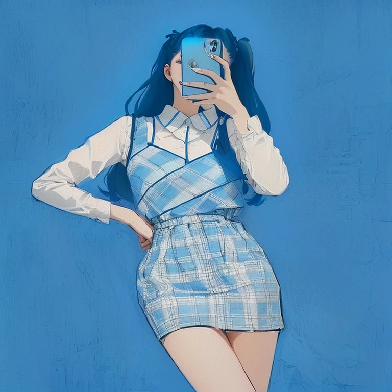 a woman in a plaid dress taking a selfie with her phone, blue clothes, illustration style, blue outfit, blue clothing, y2k aesthetic, y 2 k aesthetic, drawing style, lofi girl aesthetic, ((blue)), with a blue background, 2 d illustration, 2d illustration, aesthetic!!!!!!!!!!, beautiful drawing style, anime aesthetic, only with blue