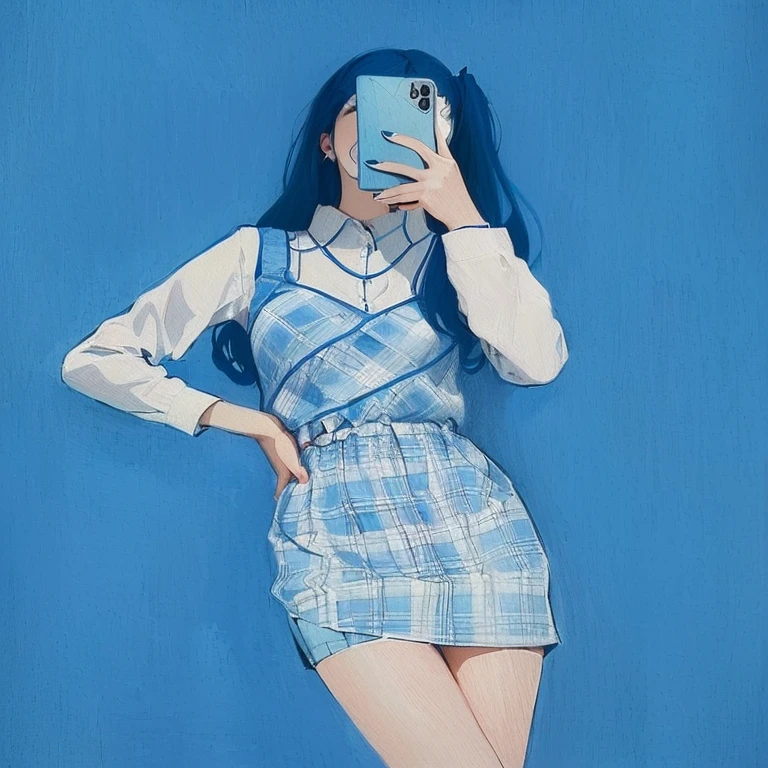 a woman in a plaid dress taking a selfie with her phone, blue clothes, illustration style, blue outfit, blue clothing, y2k aesthetic, y 2 k aesthetic, drawing style, lofi girl aesthetic, ((blue)), with a blue background, 2 d illustration, 2d illustration, aesthetic!!!!!!!!!!, beautiful drawing style, anime aesthetic, only with blue