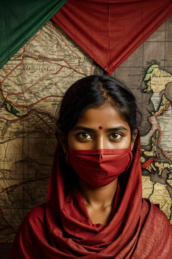 a girl whose eye and mouth are barrier with red cloths. And background is Bangladesh flag and map