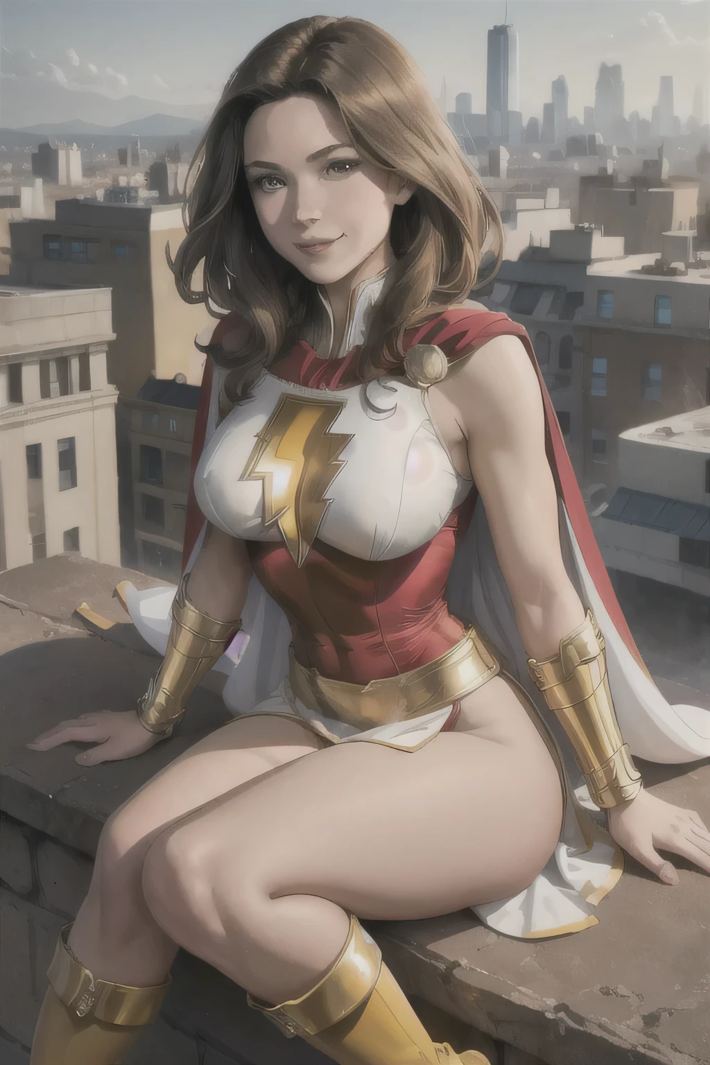 masterpiece, best quality,  mary marvel, white cape, red dress, red skirt, long sleeves, bracer, large breasts, smile, looking at viewer, cityscape, rooftop, smile, yellow boots, sitting, short hair