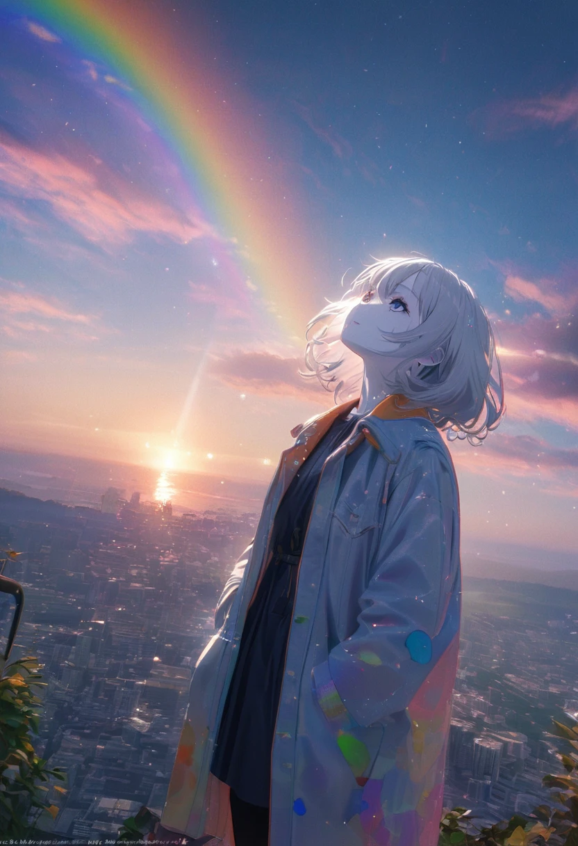 Angelic, detailed woman, sunrise, rainbow, After the Rain, horizon, In the sky, city , Lens flare, colorful,coat, Put your hands in your pockets,(student, 18-year-old, JK, Her short silver hair sways, Pale skin,) Looking up at the sky, Beautiful sky, The scenery is beautiful., 広いLooking up at the sky, Colorful summer flowers are blooming everywhere., I see the wind blowing and shining, In the skyは正午の月と正午の星がある,From below, break ,quality(8k,非常に精細なCGユニットのwallpaper, masterpiece,High resolution,top-quality,top-quality real texture skin,Surreal,Increase the resolution,RAW Photos,最高quality,Very detailed,wallpaper,Cinema Lighting,Ray Tracing,Golden Ratio),Have a long-term perspective