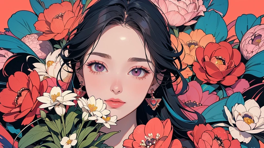 32K, 最高quality, 最高masterpiece, (ultra-Detailed Background, Detailed Background), High resolution, Super detailed, Very detailedな, One girl, (bouquet:1.3), (Tangled:1.2), (Geometric:1.2),(colorful),(masterpiece, quality, best quality, Official Art, Beautiful and beautiful:1.2), (1 girl:1.3), Very detailed,(colorful:1.1)(Flowers:1.3),Most detailed,(Tangled:1.2), whole body, (Abstract background:1.3), (Skin glows), (Many colors:1.4), ,(Earrings Jewelry:1.5), Pale Red Background,