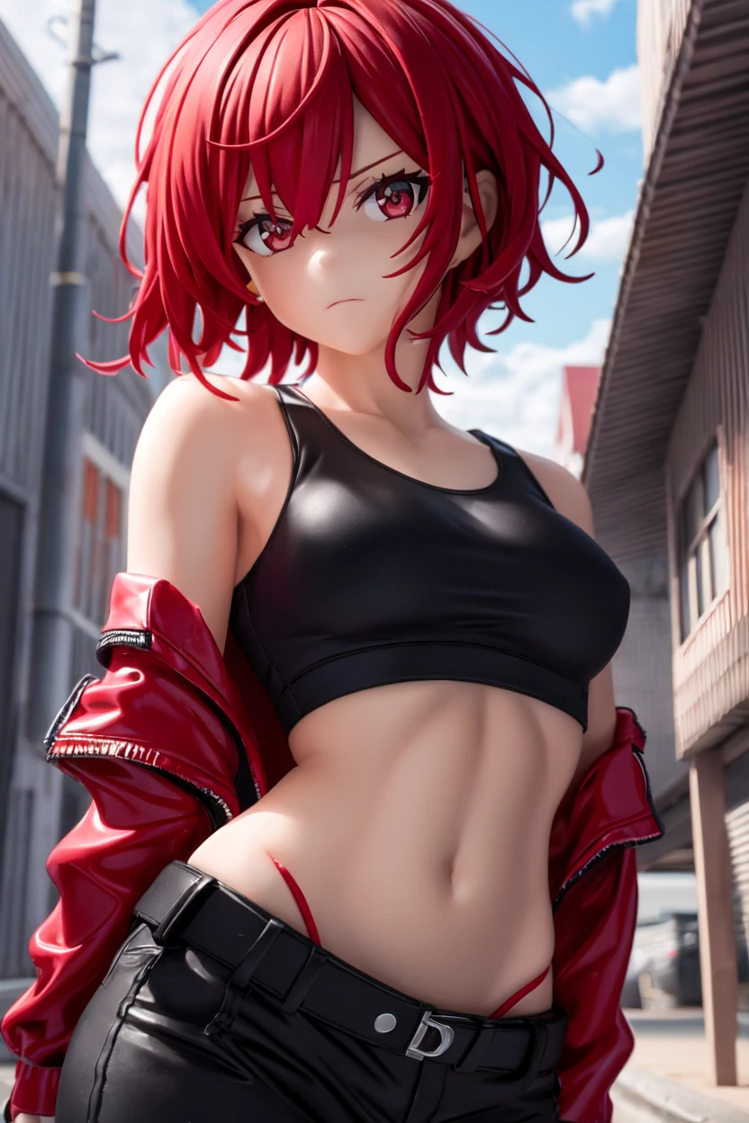 UNICODE(masterpiece, best quality:1.2), <�lyco:vtuber_ryugasaki-14:1.0>, cowboy shot, solo, 1girl, ryugasakiorig, smile, looking at viewer, short hair, black jacket, open jacket, black sports bra, underboob, black pants, zipper, chain, piercing, demon tail, midriff