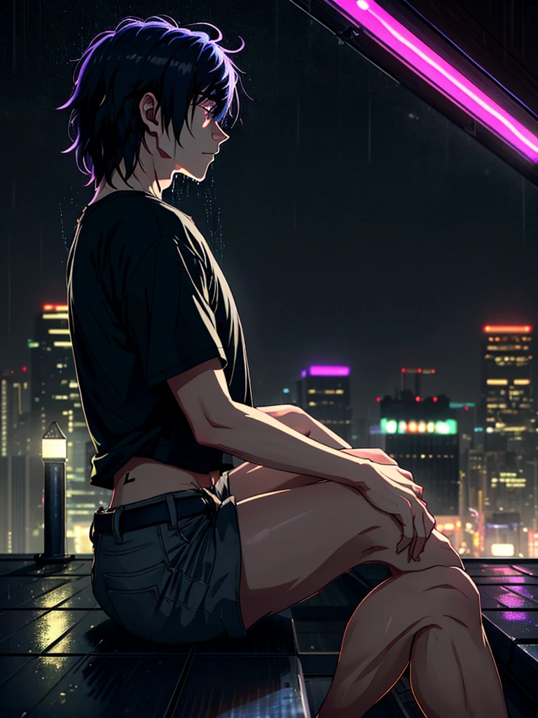 A young adult male with medium hair wearing casual clothes, sitting on the roof of a house, in a city full of neon during a light rain at night. He has a somewhat sad and thoughtful expression, looking down and reflecting on something serious.. He has his right leg with his knee raised, with your right elbow resting on top and your head, and looking at her left hand which was near her belly at the bottom of her waist.
We see him from a side perspective where the focus means we can see the frame of his entire body across the entire screen in the image..