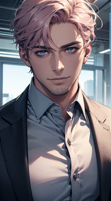 (best quality,4k,8k,highres,masterpiece:1.2),ultra-detailed,(realistic,photorealistic,photo-realistic:1.37),1 man,31 years old, man,very handsome,without expression,smile,short grey pink hair,blue eyes,penetrating gaze,perfect face without errors,imposing posture,businessman,office background,cinematic lighting,hdr image