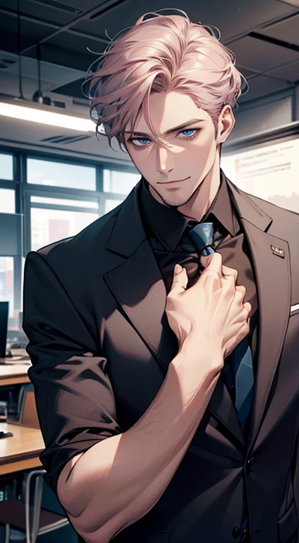 (best quality,4k,8k,highres,masterpiece:1.2),ultra-detailed,(realistic,photorealistic,photo-realistic:1.37),1 man,31 years old,mature man,very handsome,without expression,smile,short grey pink hair,blue eyes,penetrating gaze,perfect face without errors,imposing posture,businessman,office background,cinematic lighting,hdr image