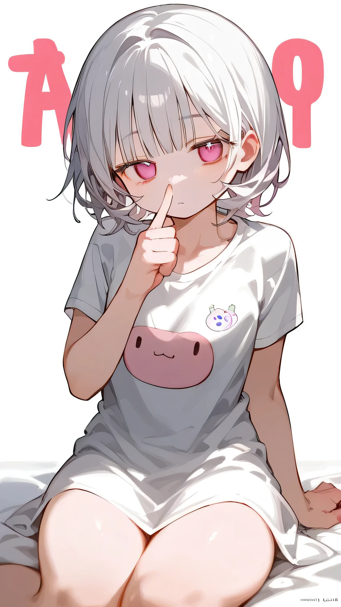 (((Short white beautiful hair))),Gray white short hair,only,(((Her short bangs almost completely cover her pink eyes.))),,,( The tip of the little finger),,(Slanted eyes with pinky finger raised), Cute and adorable (Wearing a plain white T-shirt) Wearing a pink apron (Put your hands down) A kind smile (Cute Kawaii) Sitting pose (Thin thighs)