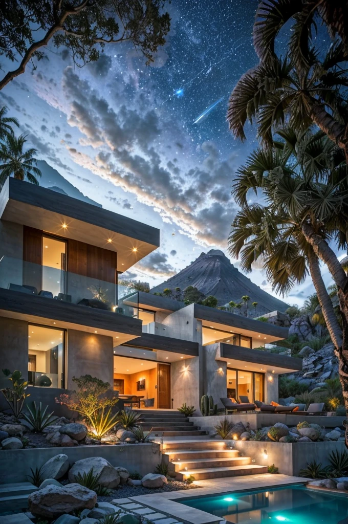 small and beautiful modern house in top of big boulders, terraces, pool, stairs, multiple cacti gardens, palms, trees, rocks, beautiful landscape design, mountains and volcano y background, amazing clouds, sun, moon, planets, milky way galaxy, concrete, wood, glass and steel materials, olive green, violet, orange and withe colors in facade