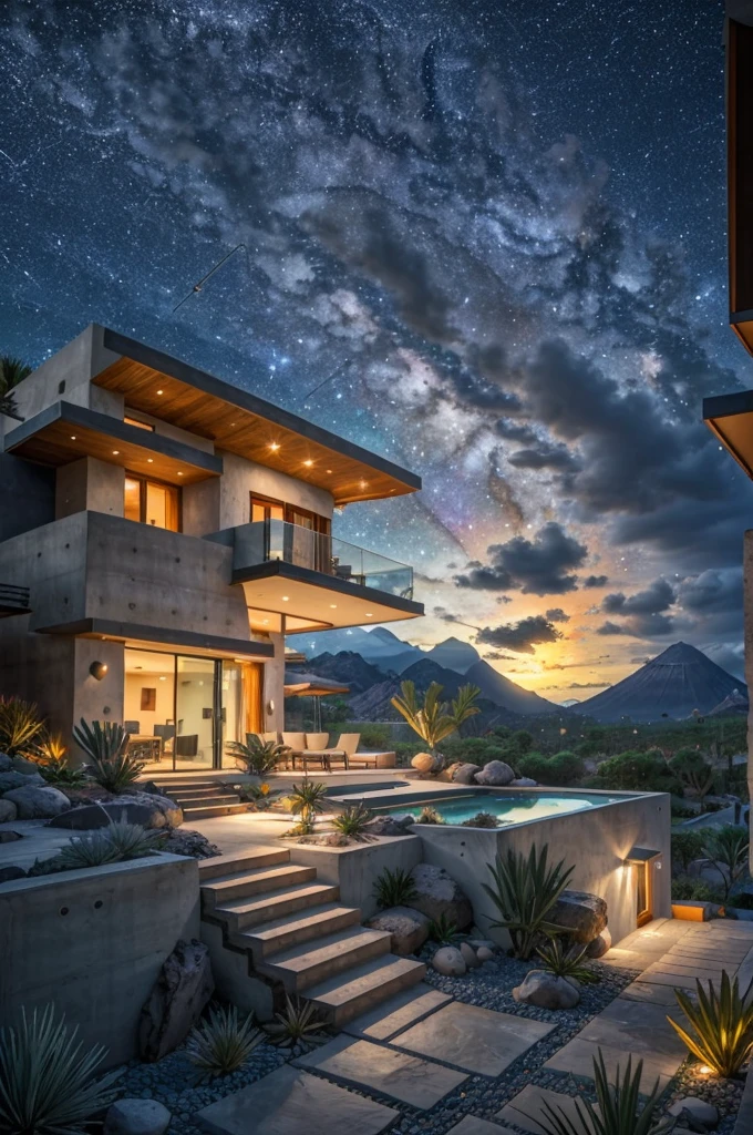 small and beautiful modern house in top of big boulders, terraces, pool, stairs, multiple cacti gardens, palms, trees, rocks, beautiful landscape design, mountains and volcano y background, amazing clouds, sun, moon, planets, milky way galaxy, concrete, wood, glass and steel materials, olive green, violet, orange and withe colors in facade