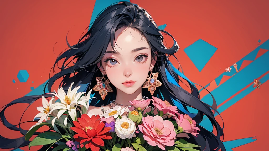 32K, 最高quality, 最高masterpiece, (ultra-Detailed Background, Detailed Background), High resolution, Super detailed, Very detailedな, One girl, (bouquet:1.3), (Tangled:1.2), (Geometric:1.2),(colorful),(masterpiece, quality, best quality, Official Art, Beautiful and beautiful:1.2), (1 girl:1.3), Very detailed,(colorful:1.1)(Flowers:1.3),Most detailed,(Tangled:1.2), whole body, (Abstract background:1.3), (Skin glows), (Many colors:1.4), ,(Earrings Jewelry:1.5), Pale Red Background,