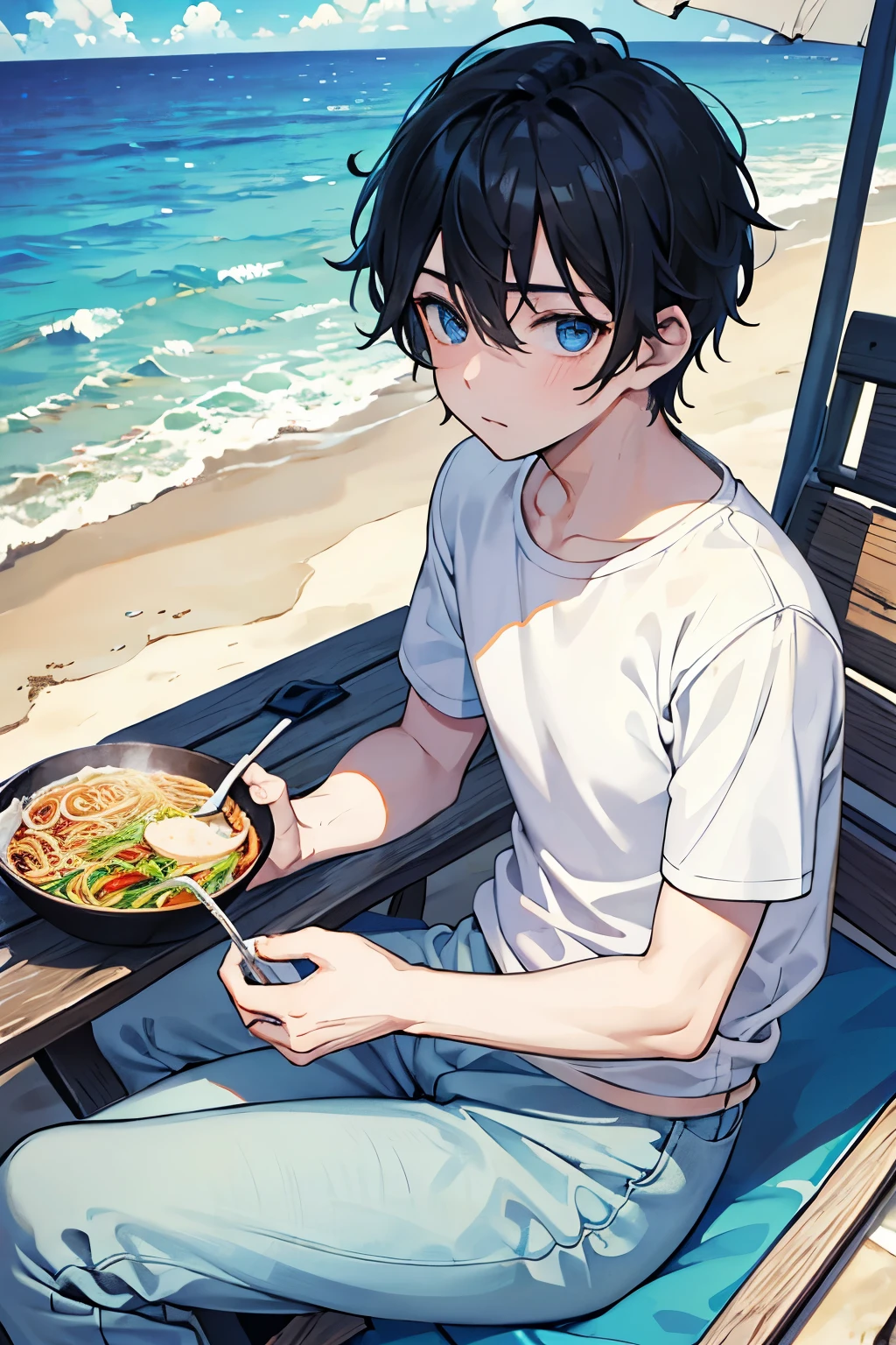 salt water pants, summer, (masterpiece), best quality, expressive eyes, perfect face, black haired man, blue eyes,boy, fried noodles, sitting on the beach,
