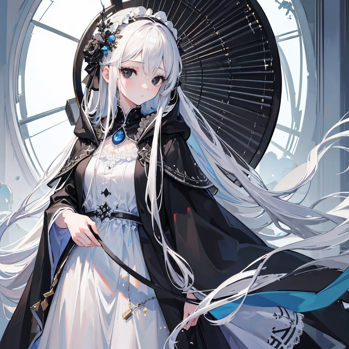 (best quality,high resolution,masterpiece:1.2),Extremely detailed,Extremely detailed, cold, solitary, 1 girl, beautiful girl, gaze, (black eyes:1.5), (Beautiful and delicate eyes:1.2), (Long hair:1.2), (White hair:0.8), (Silver Hair:0.5), (Bangs:0.5), (Dull hair:0.5), (Hair accessories:0.5), (Weaving:0.5), Hooded dress