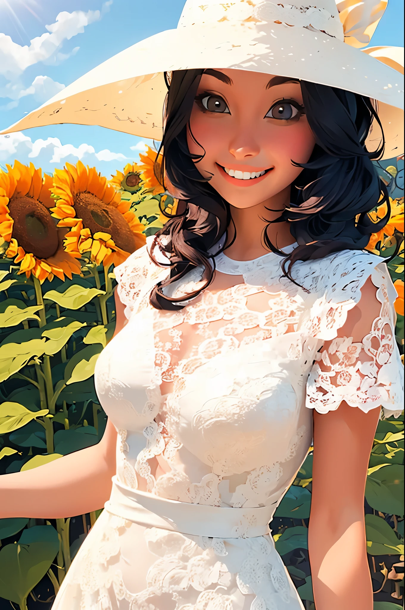 fuwa aika,1girl,solo, (White lace dress:1.2),flowing dress (sun visor hat:1.2), Sunflower field, under the sunlight, light smile,looking at viewer, wind, dynamic, strong light and shadow,dynamic pose,