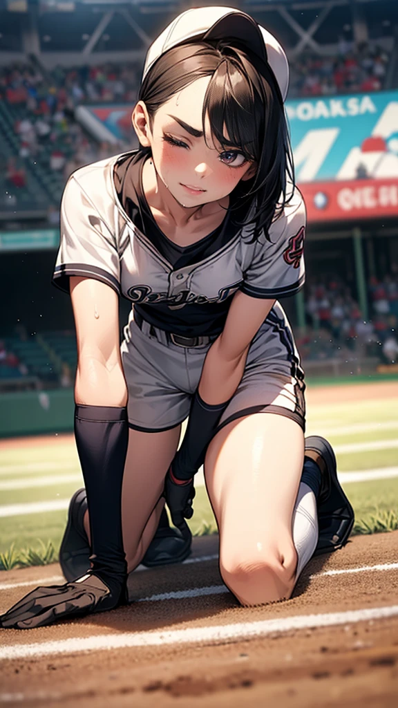 {{masterpiece}}, {{{Highest quality}}},{{Very detailed}},1girl,30years old,{Mature Woman}},{{A loose-fitting white short-sleeved baseball uniform：1.4}}　,Grit your teeth,{{knee protector:1.4}},{{Knee pads:1.4}},from side,full body,furrow one's brow ,{{one eye closed}},｛{all fours}},{{On all fours},Cowboy Shot,{{Small breasts}},Small face,{{Elegant female baseball player}},,White shorts,Baseball cap,Beautiful feet　,clavicle,Gloves,　Thighs,{{v-shaped eyebrows}},Bad mood,blush、Sweat　,Black Hair,　On the grass of a baseball field 