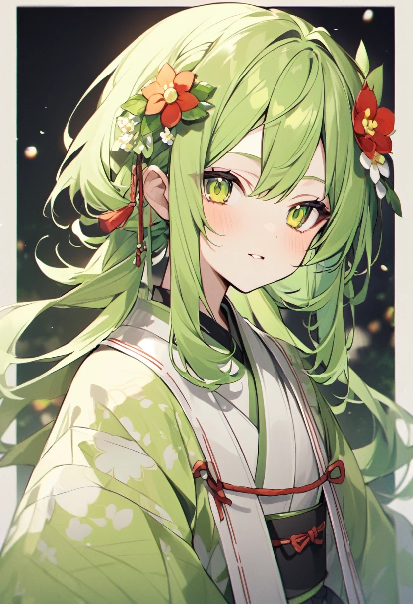 Keito。Yellow-green eyes。Yellow-green hair。Japanese pepper flower hair ornament