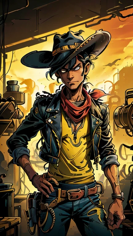 (1man, Lucky luke, yellow top, black jacket, jean, cowboy hat, red bandana), (extremely detailed CG unit 8k wallpaper),(master part), (best quality), (ultra detail), (best illustration),(melhor ombre), cowboy shot, (Sharp eyeliner, ombre, detail eyes), toxicpunk style wild west saloon interiors background, ,break , (ToxicPunkAI), upper body, short hair, black hair