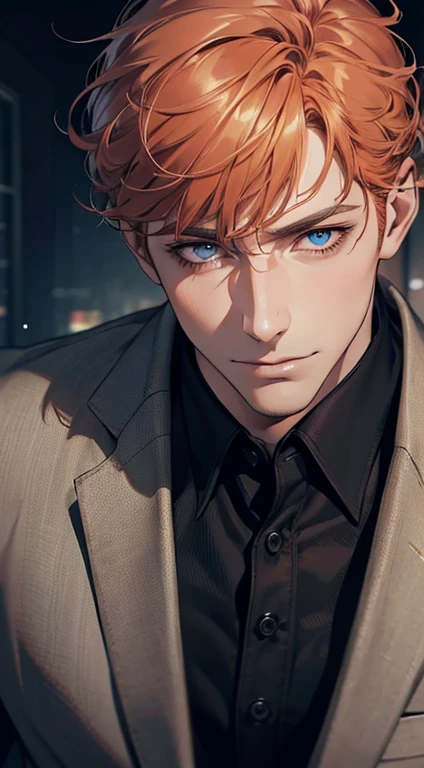 (best quality,4k,8k,highres,masterpiece:1.2),ultra-detailed,(realistic,photorealistic,photo-realistic:1.37),1 man,31 years old,mature man,very handsome,without expression,smile,short grey orange hair,blue eyes,penetrating gaze,perfect face without errors,imposing posture,businessman,office background,cinematic lighting,hdr image