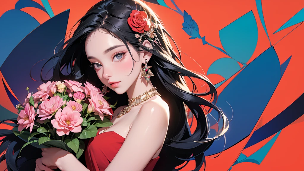 32K, 最高quality, 最高masterpiece, (ultra-Detailed Background, Detailed Background), High resolution, Super detailed, Very detailedな, One girl, (bouquet:1.3), (Tangled:1.2), (Geometric:1.2),(colorful),(masterpiece, quality, best quality, Official Art, Beautiful and beautiful:1.2), (1 girl:1.3), Very detailed,(colorful:1.1)(Flowers:1.3),Most detailed,(Tangled:1.2), whole body, (Abstract background:1.3), (Skin glows), (Many colors:1.4), ,(Earrings Jewelry:1.5), Pale Red Background,