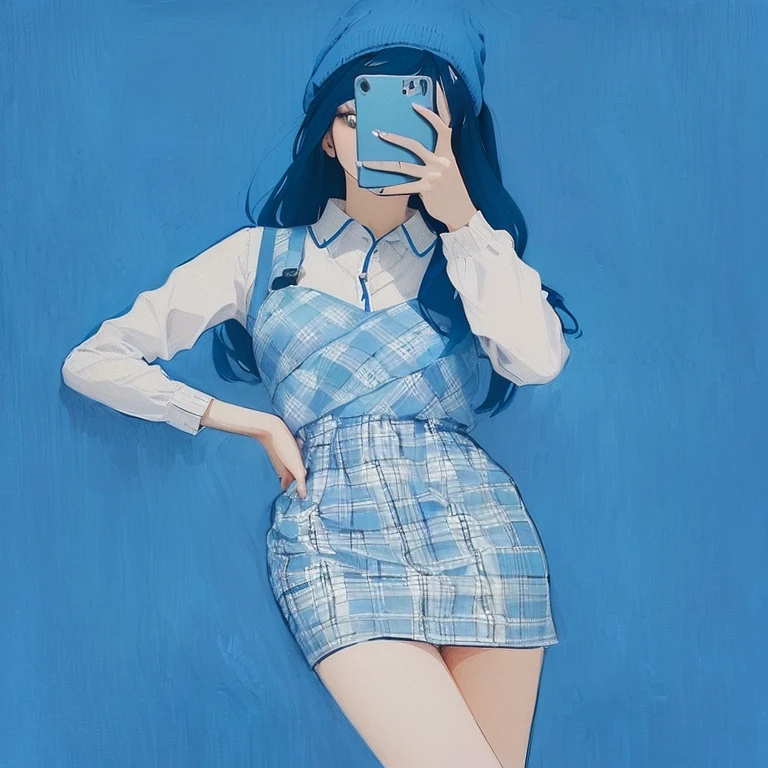 a woman in a plaid dress taking a selfie with her phone, blue clothes, illustration style, blue outfit, blue clothing, y2k aesthetic, y 2 k aesthetic, drawing style, lofi girl aesthetic, ((blue)), with a blue background, 2 d illustration, 2d illustration, aesthetic!!!!!!!!!!, beautiful drawing style, anime aesthetic, only with blue