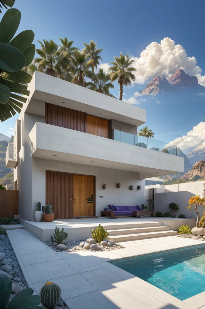 small and beautiful modern house in top of big boulders, terraces, pool, stairs, multiple cacti gardens, palms, trees, rocks, beautiful landscape design, mountains and volcano y background, amazing clouds, sun, moon, planets, milky way galaxy, concrete, wood, glass and steel materials, olive green, violet, orange and withe colors in facade