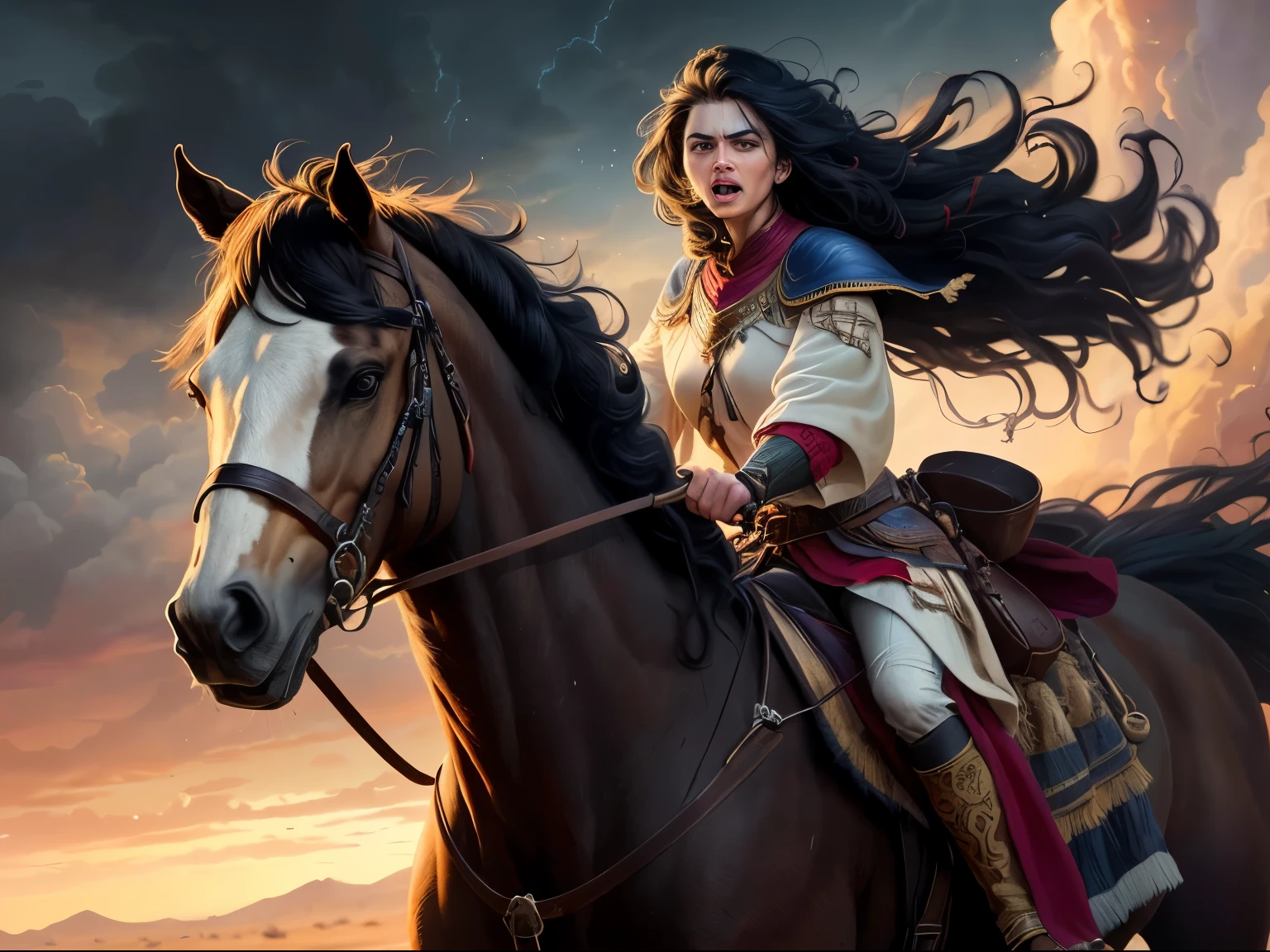 ((best quality)), ((masterpiece)), (detailed), A digital illustration of an injured long black haired woman riding a horse in the desert with a furious expression on her face, dressed in traditional warrior attire with long black hair flowing in the wind. the background is dark and stormy