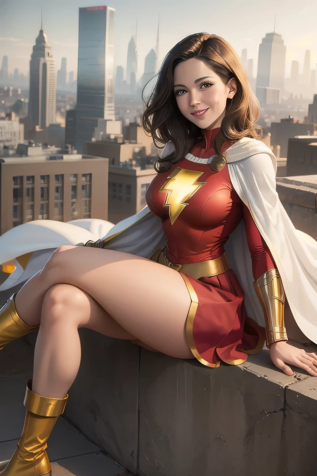 masterpiece, best quality,  mary marvel, white cape, red dress, red skirt, long sleeves, bracer, large breasts, smile, looking at viewer, cityscape, rooftop, smile, yellow boots, sitting, short hair