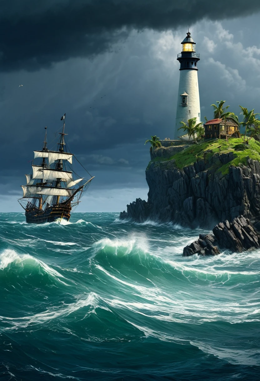 ailed realistic painting of a pirate ship in a desolate island, one pirate ship remains, a lighthouse, two stern, two boney ships in a stormy ocean, 4k wallpaper, very detailed, by Gustave Baumann