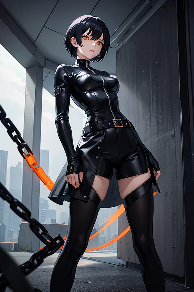 1woman, short hair, black hair, orange eyes, black leather outfit, standing on ground, high res, ultra sharp, 8K, masterpiece