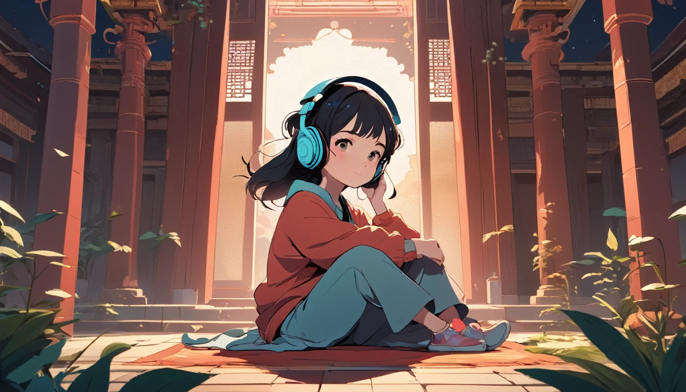 A girl with headphones sits comfortably in a temple in Kathmandu, Wide-angle lens, Lofi Anime, Illustration of Rofi, Aesthetic atmosphere, Roffi style, Vector art, Flat Design, Simple shape, Warm tones, Pleasant atmosphere, Chill, In anime style, Digital drawing, Vector art, Vector logo for t-shirt printing, (Adorable:1.5), (small:1.4), (Playful:1.2), (soft:1.3), (Whimsical:1.1), masterpiece, Highest quality, 8k, Intricate details, grow, Celestial, Mysterious, Picturesque, amazing, Majestic, Magic, Fantasy art, Cover art, dream-like