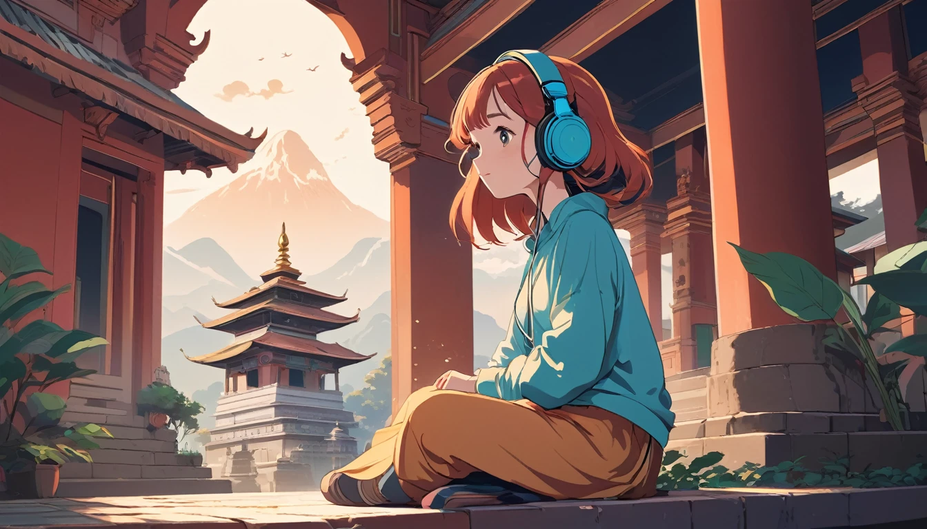 A girl with headphones sits comfortably in a temple in Kathmandu, Wide-angle lens, Lofi Anime, Illustration of Rofi, Aesthetic atmosphere, Roffi style, Vector art, Flat Design, Simple shape, Warm tones, Pleasant atmosphere, Chill, In anime style, Digital drawing, Vector art, Vector logo for t-shirt printing, (Adorable:1.5), (small:1.4), (Playful:1.2), (soft:1.3), (Whimsical:1.1), masterpiece, Highest quality, 8k, Intricate details, grow, Celestial, Mysterious, Picturesque, amazing, Majestic, Magic, Fantasy art, Cover art, dream-like