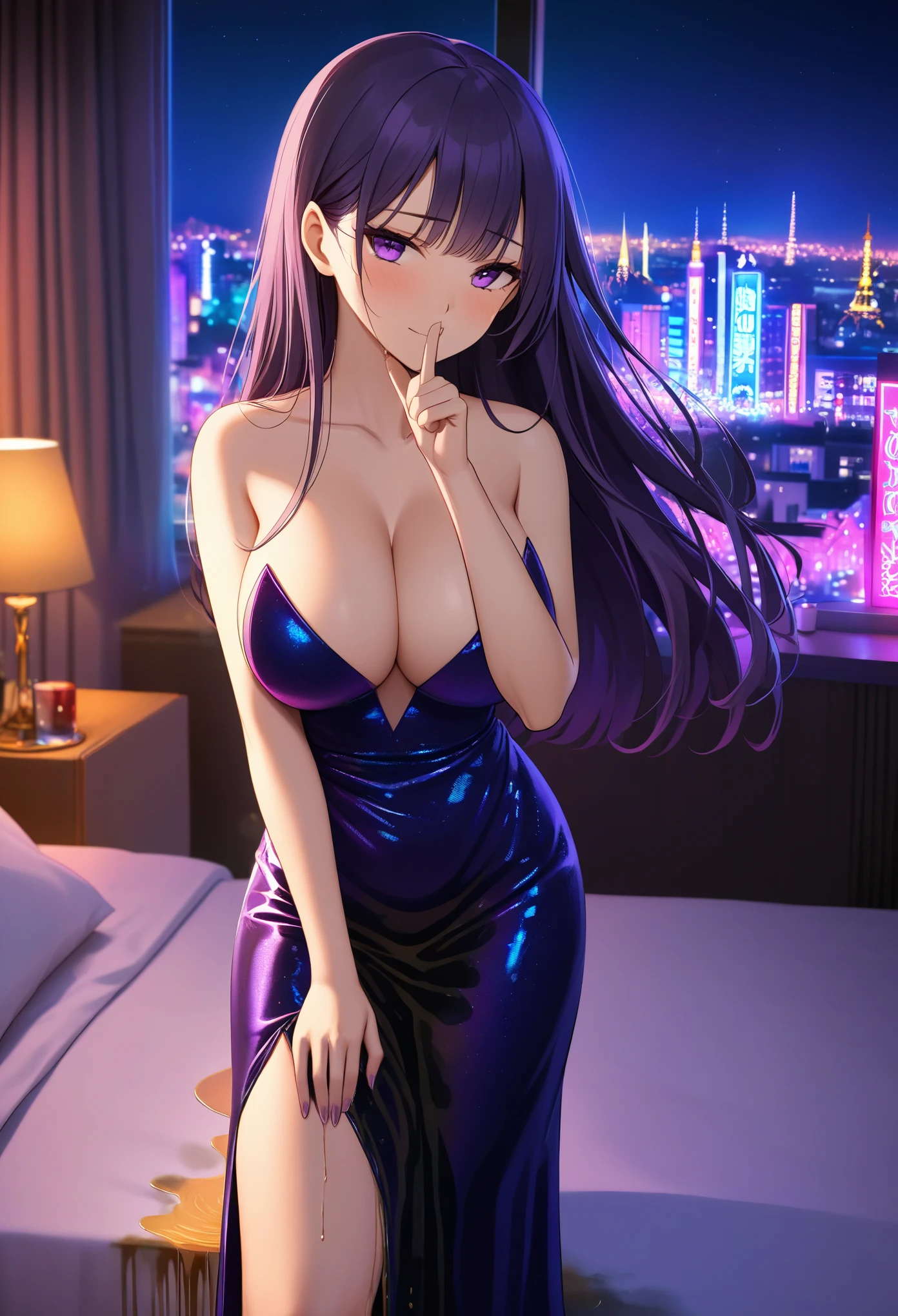 woman, very dark purple hair, purple eyes, long hair, large breasts, very long dress, very tight dress, standing, (wetting herself:1.5), best quality, ultra-detailed, HDR, studio lighting, professional, vivid colors, sharp focus, bokeh, landscape, love hotel, bed, night, window, cityscape, colorful city, neon lights, futuristic, science fiction, soft lighting, dynamic shadows, embarrassed, humiliation, blushing, naughty face, seductive expression, facing viewer, (shushing:1.5)