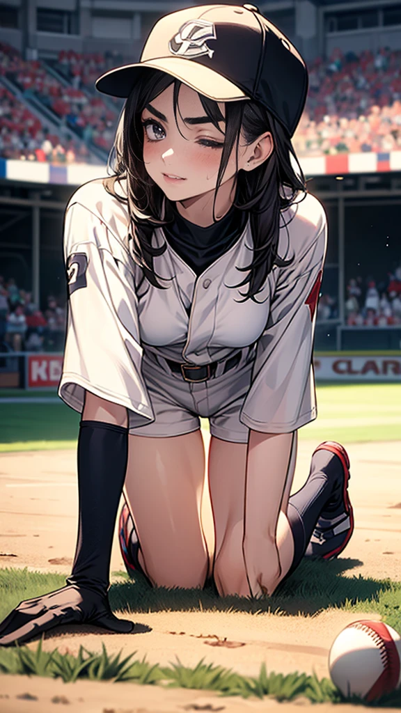 {{masterpiece}}, {{{Highest quality}}},{{Very detailed}},1girl,30years old,{Mature Woman}},{{A loose fitting white baseball uniform：1.4}}　,{{knee protector:1.4}},{{Knee pads:1.4}},from side,full body,furrow one's brow ,{{one eye closed}},｛{all fours}},{{On all fours},Cowboy Shot,{{Small breasts}},Small face,{{Elegant female baseball player}},,White shorts,Baseball cap,Beautiful feet　,clavicle,Gloves,　Thighs,{{v-shaped eyebrows}},Bad mood,blush、Sweat　,Black Hair,　baseball Ground 