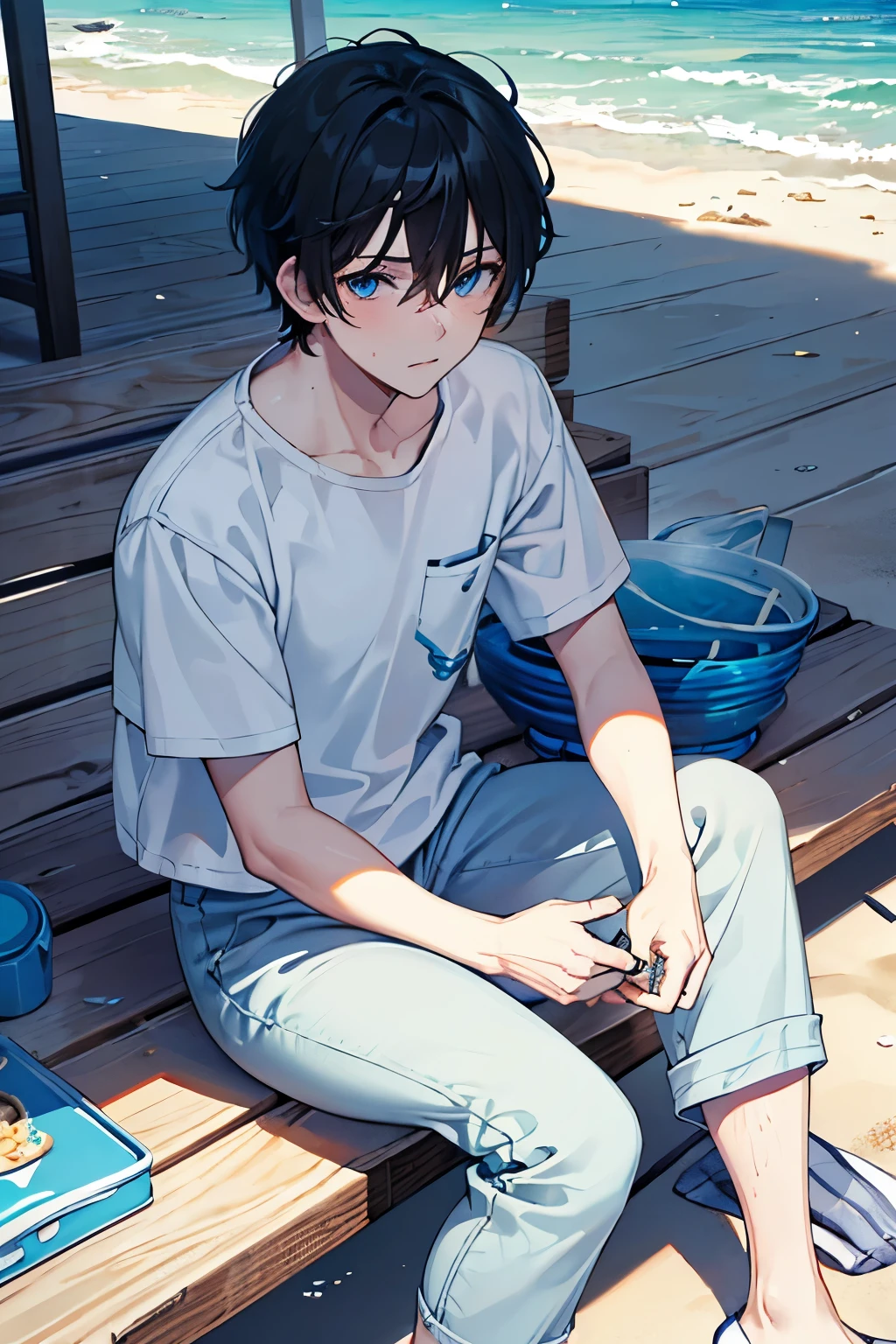 salt water pants, summer, (masterpiece), best quality, expressive eyes, perfect face, black haired man, blue eyes,boy, fried noodles, sitting on the beach,