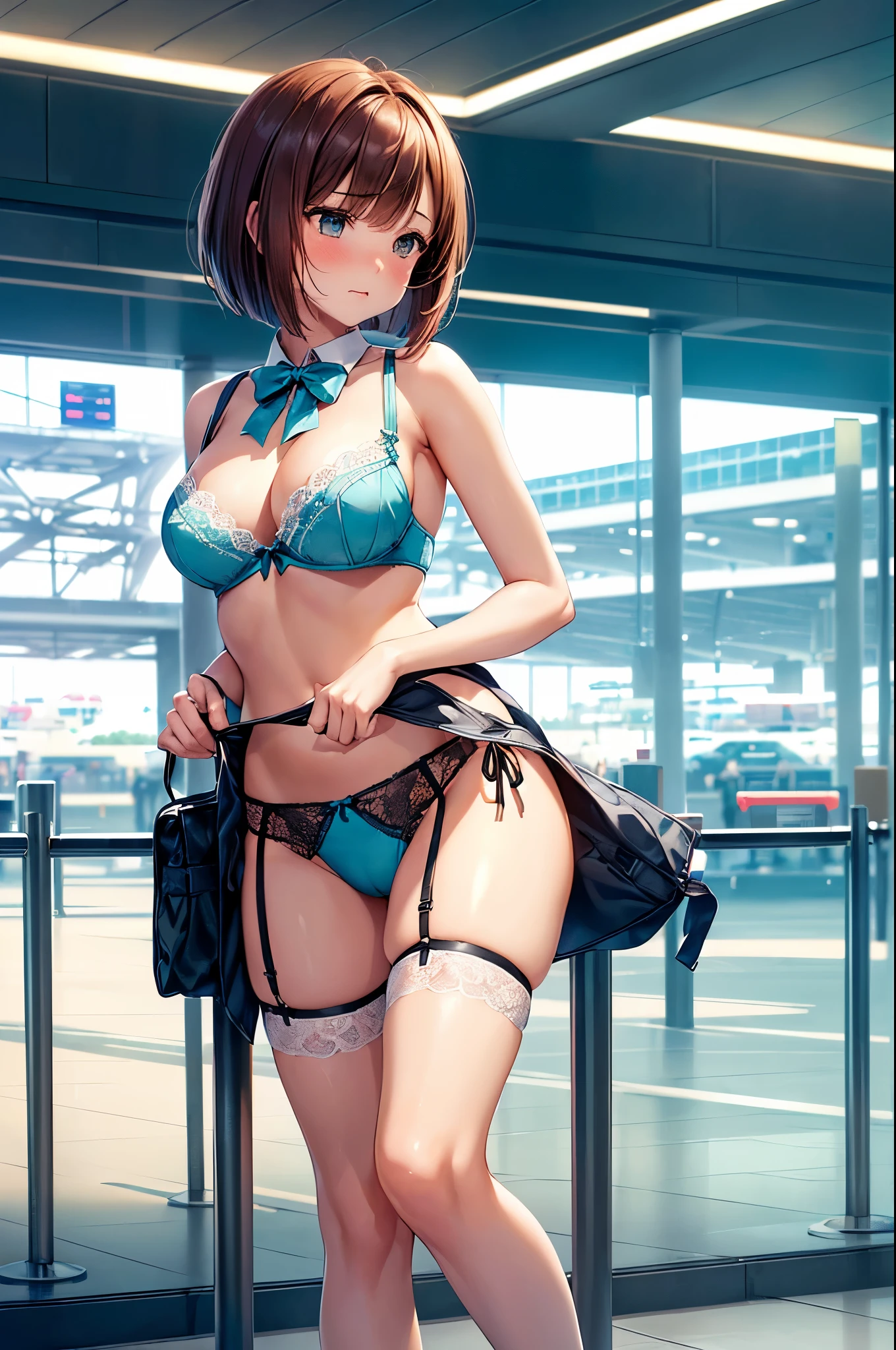 (((masterpiece, Highest quality, High resolution, 超High resolution, Perfect Pixel, Depth of written boundary, 4K, RTTX 10.0))), Beautiful Anime Woman, Beautiful art style, Anime characters, ((Smooth texture, Realistic texture, Anime CG Style)), Perfect and accurate finger count、Exact number of legs、(Exact number of arms:1.0, Exact number of hands:1.0), (Perfect hands, Perfect Anatomy), Cinematic, Realistic, Extremely detailed CG, Daytime lighting, Perfect lighting, Best Shadow, The best natural light, whole body, Perfect body, バランスのとれたPerfect body, Perfectly balanced style, Soft body, Slender body, ((bangs, Reddish brown hair, Stylish bob cut)), ((A cute adult woman is walking:1.8)), ((Bow tie around neck:1.3), (Sexy and cute turquoise underwear:1.3), (Stylish shiny turquoise blue satin panties, Side-tie panties, Panties with a plain turquoise blue center and lace decoration on the sides:1.3), (Thin panties:1.3), (Turquoise micro lace satin bra, Turquoise blue bra with lace trim around the edges, Thin bra:1.3), (lace garter belt, Garter Strings, Knee socks:1.3):1.4), (Beautiful big boobs:1.1), (Embarrassed expression:1.5), blush, (Airport lobby, There are many people in the background々:1.7), naked, In underwear, ブラとパンティとKnee socksとガーターベルトだけ, Carry bag with casters, 黒いKnee socks, High heels, Angle from below the front