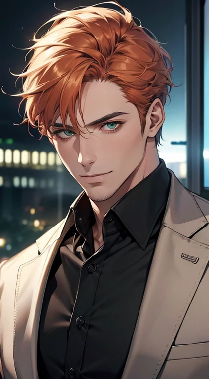 (best quality,4k,8k,highres,masterpiece:1.2),ultra-detailed,(realistic,photorealistic,photo-realistic:1.37),1 man,31 years old,mature man,very handsome,without expression,smile,short gray orange hair,green eyes,penetrating gaze,perfect face without errors,imposing posture,businessman,office background,cinematic lighting,hdr image