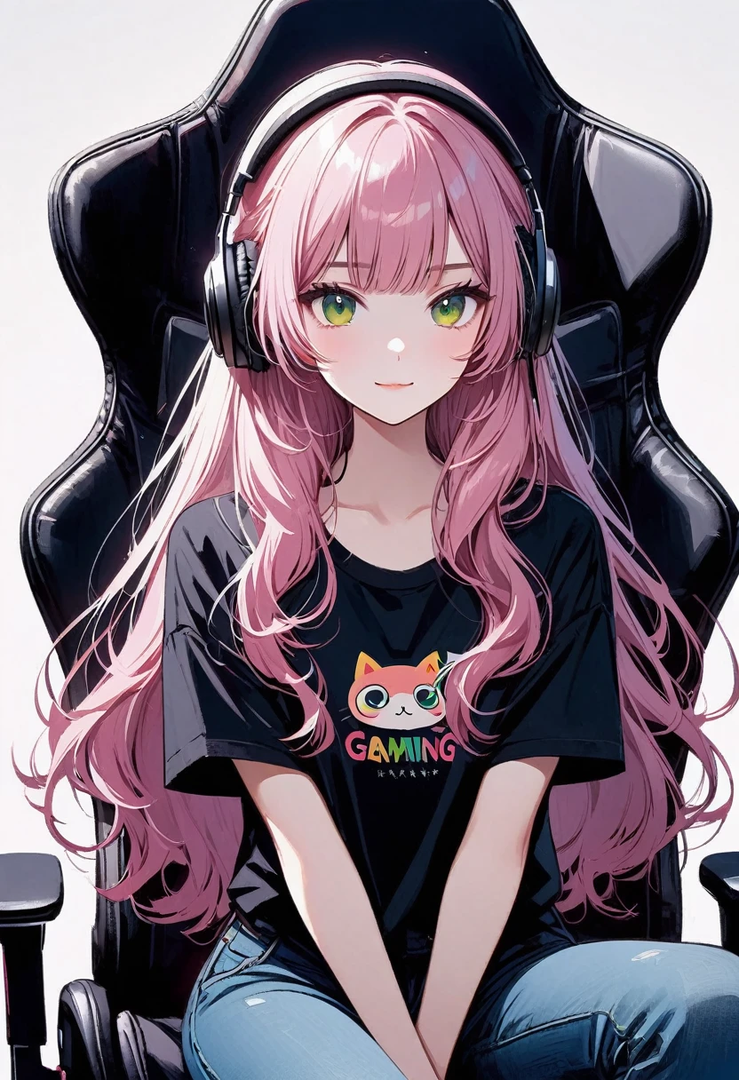 high resolution; simple gamer room background; 1 teenage girl centered in image looking at viewer; sitting on the gaming chair; closed mouth smile; long pink hair with bangs; without glasses; greeneyes; black t-shirt without print; jeans; headphone rosa; rosa cat ear.
