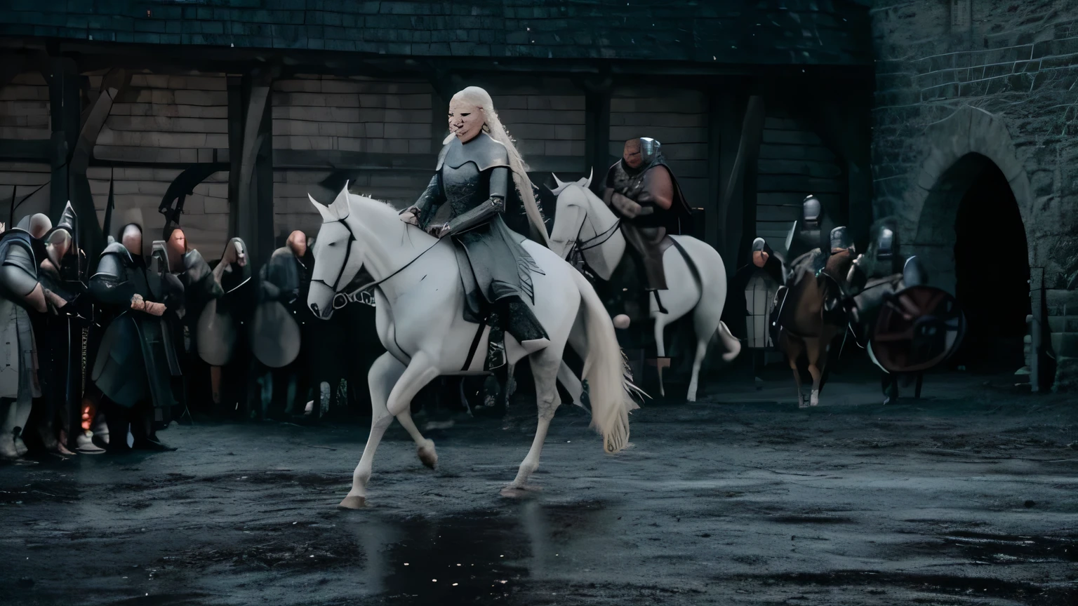 a beautiful girl with long white hair, intricate fantasy medieval warrior armor, riding a white horse in an epic dramatic medieval battle scene, highly detailed, game of thrones style, 8k, masterpiece, cinematic lighting, photorealistic, hyper detailed