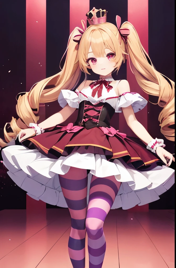 Idol-like animated character
Red eyes, cute expression
High image quality
Dark red fur jacket
Fluffy dark red dress skirt with front opening
Pink and purple striped stockings with horizontal stripes
Pink and purple striped tights, sideways
One very small round crown hair ornament
Blonde twin drills
Voluminous and unique blonde twin drills
Large pink ribbons on each side
Forehead bangs
Pink and purple striped tights
Pink and purple striped tights/stockings
Forehead bangs
Large pink ribbon on the skirt of the dress
Focus on face
Red eyes
Full body shot
Background in room
No shadow, high quality
Walking
Full Face